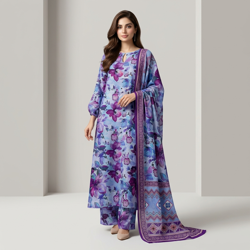 Unstitched 3pcs Lawn printed Collection purple
