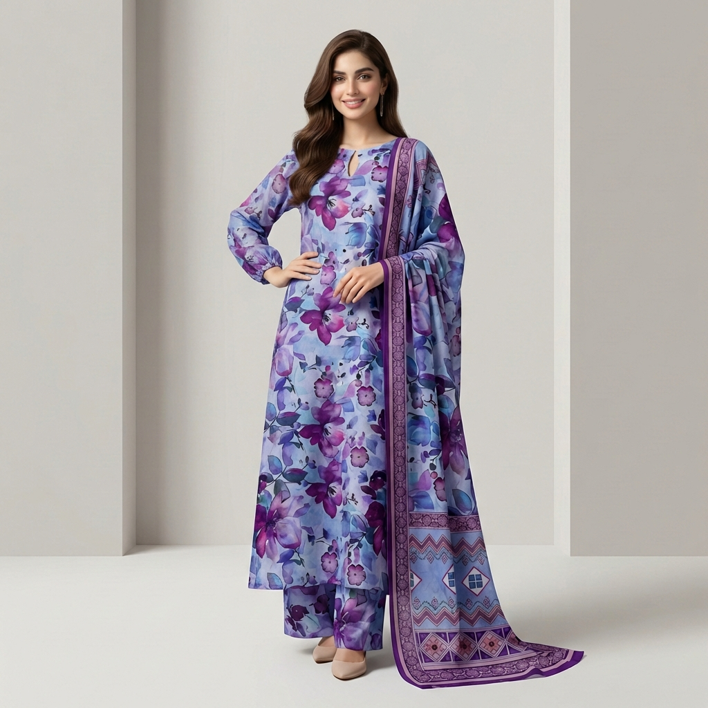 Unstitched 3pcs Lawn printed Collection purple
