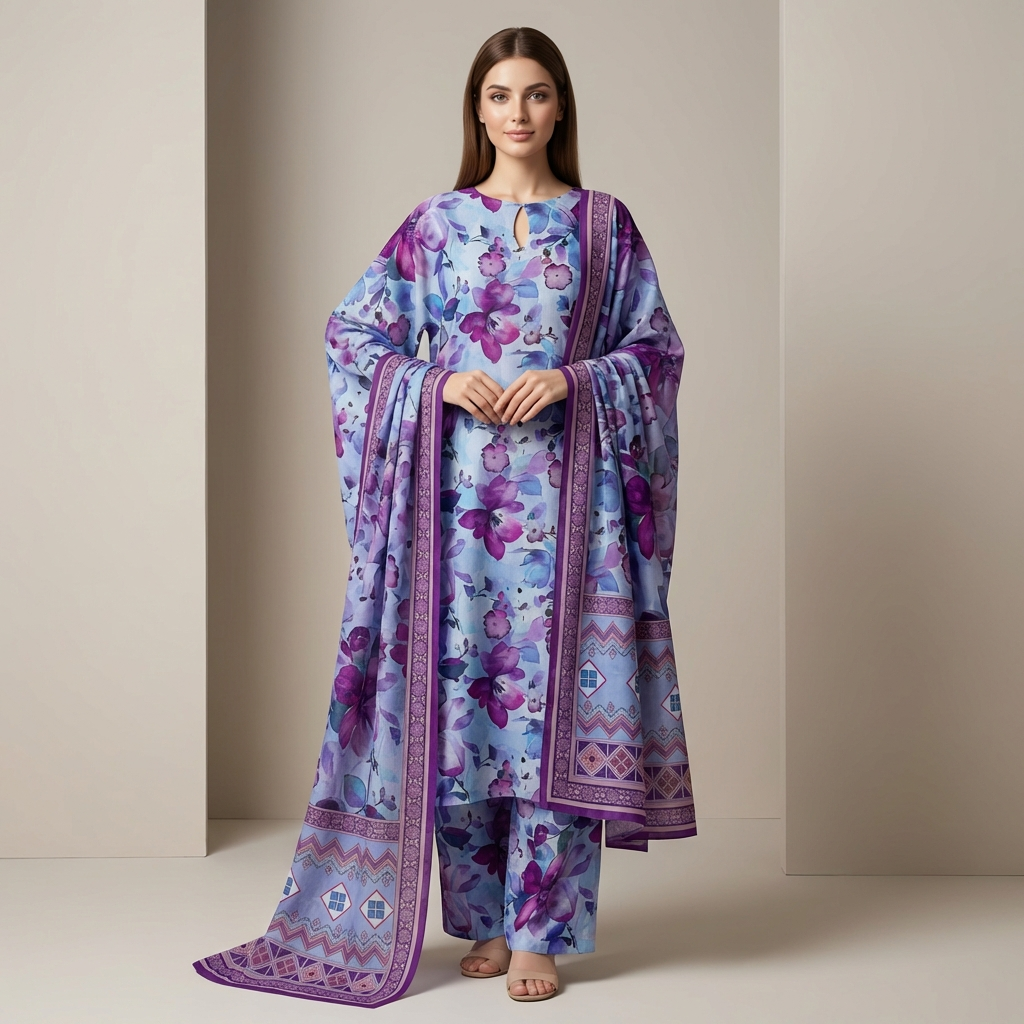 Unstitched 3pcs Lawn printed Collection purple