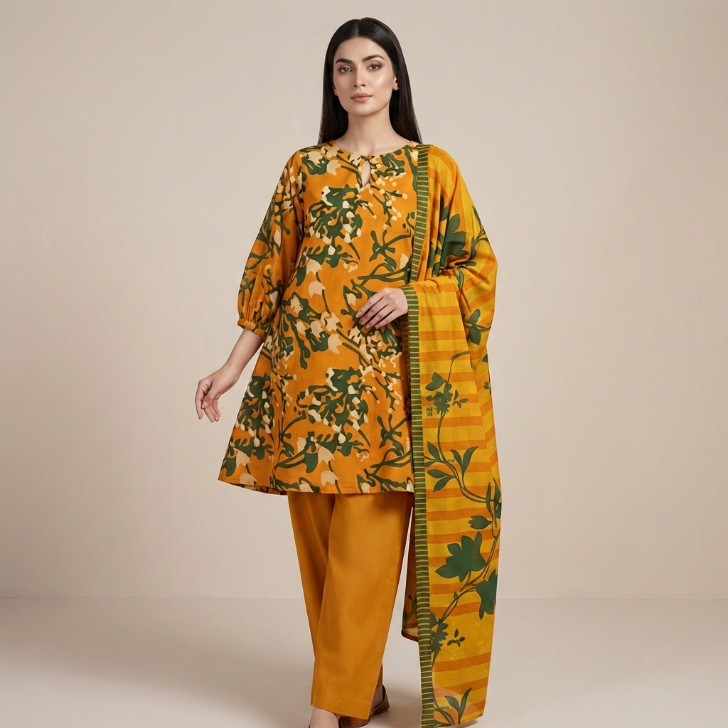 Unstitched 3pcs Lawn printed Collection yellow