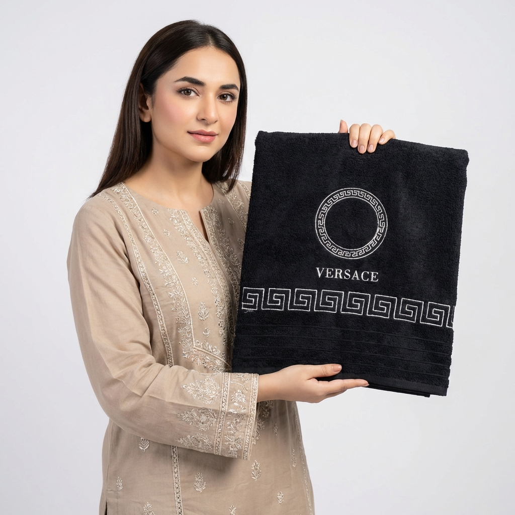 versace Export Quality Towel Embroided 30 x 60 (Pack of 2) Black