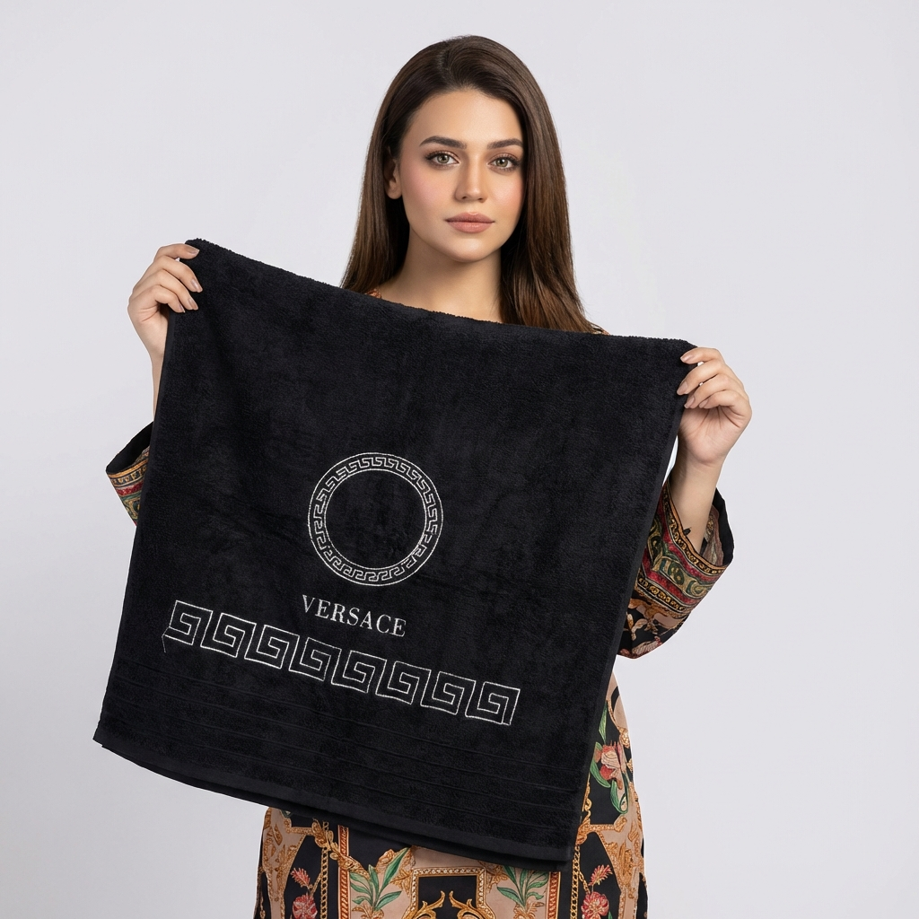 versace Export Quality Towel Embroided 30 x 60 (Pack of 2) Black