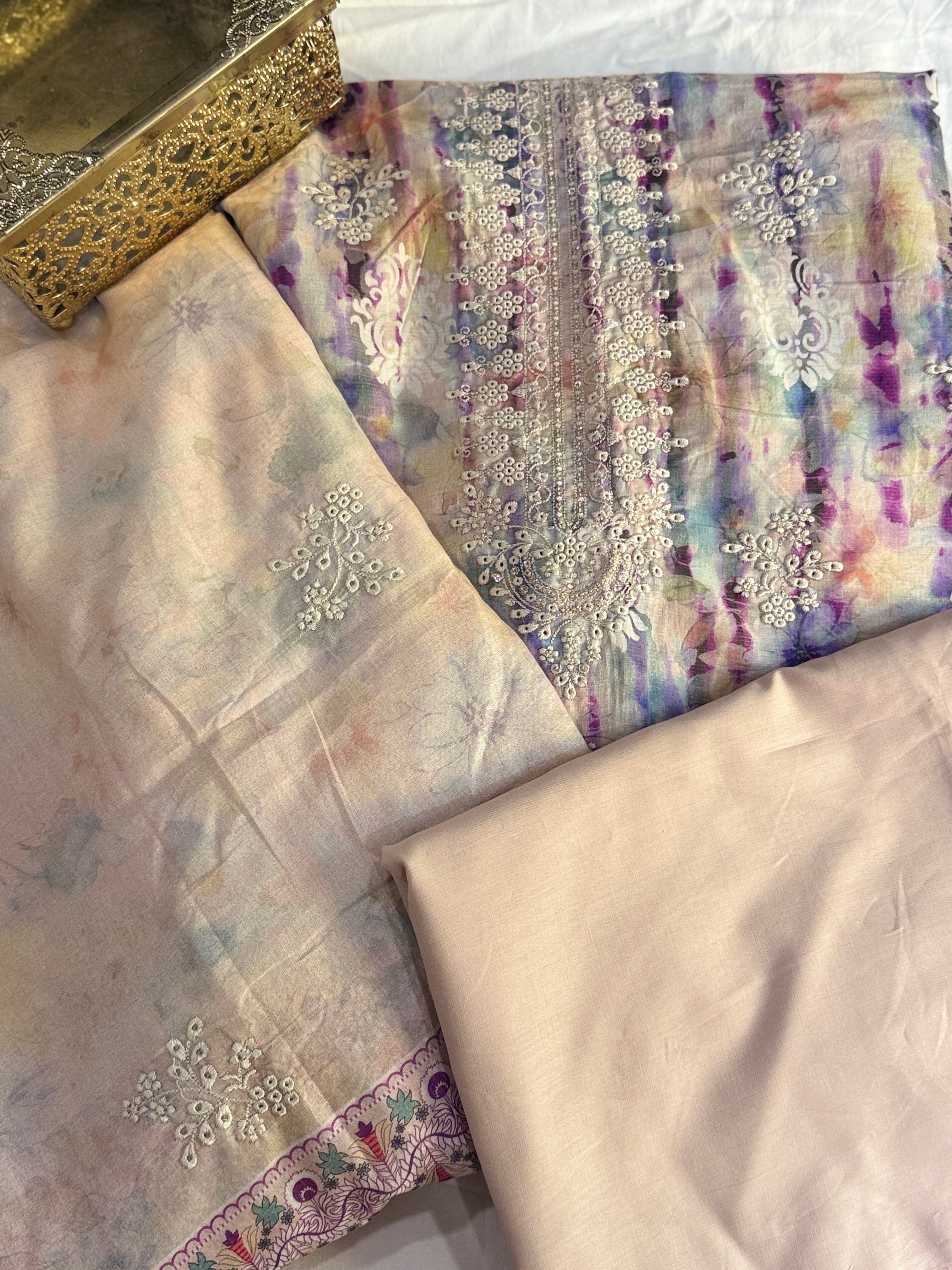 3pcs Lawn chicken kaari embroided  Collection Rainbow