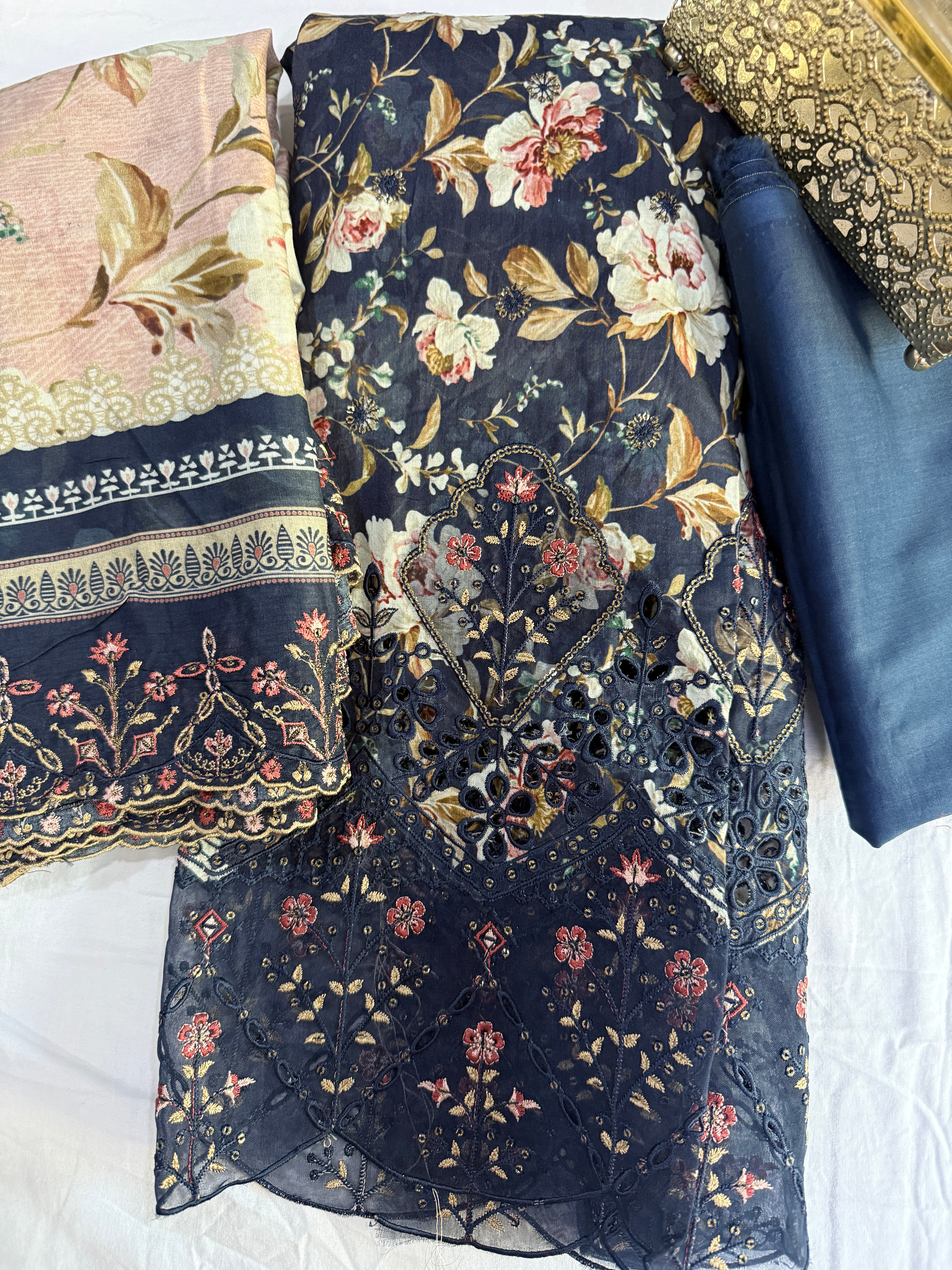 3pcs Lawn chicken kaari  embroided  Collection Blue