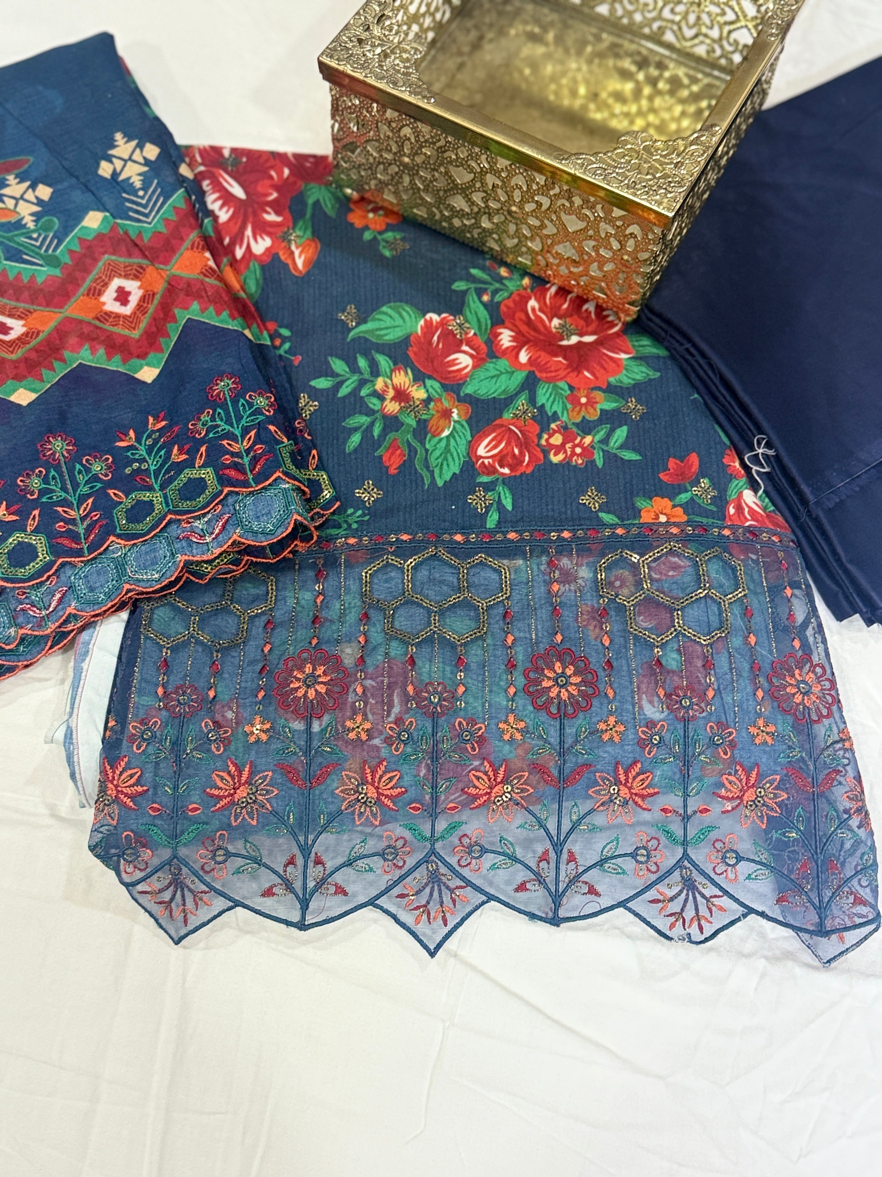 3pcs Lawn chicken kaari  embroided  Collection Blue