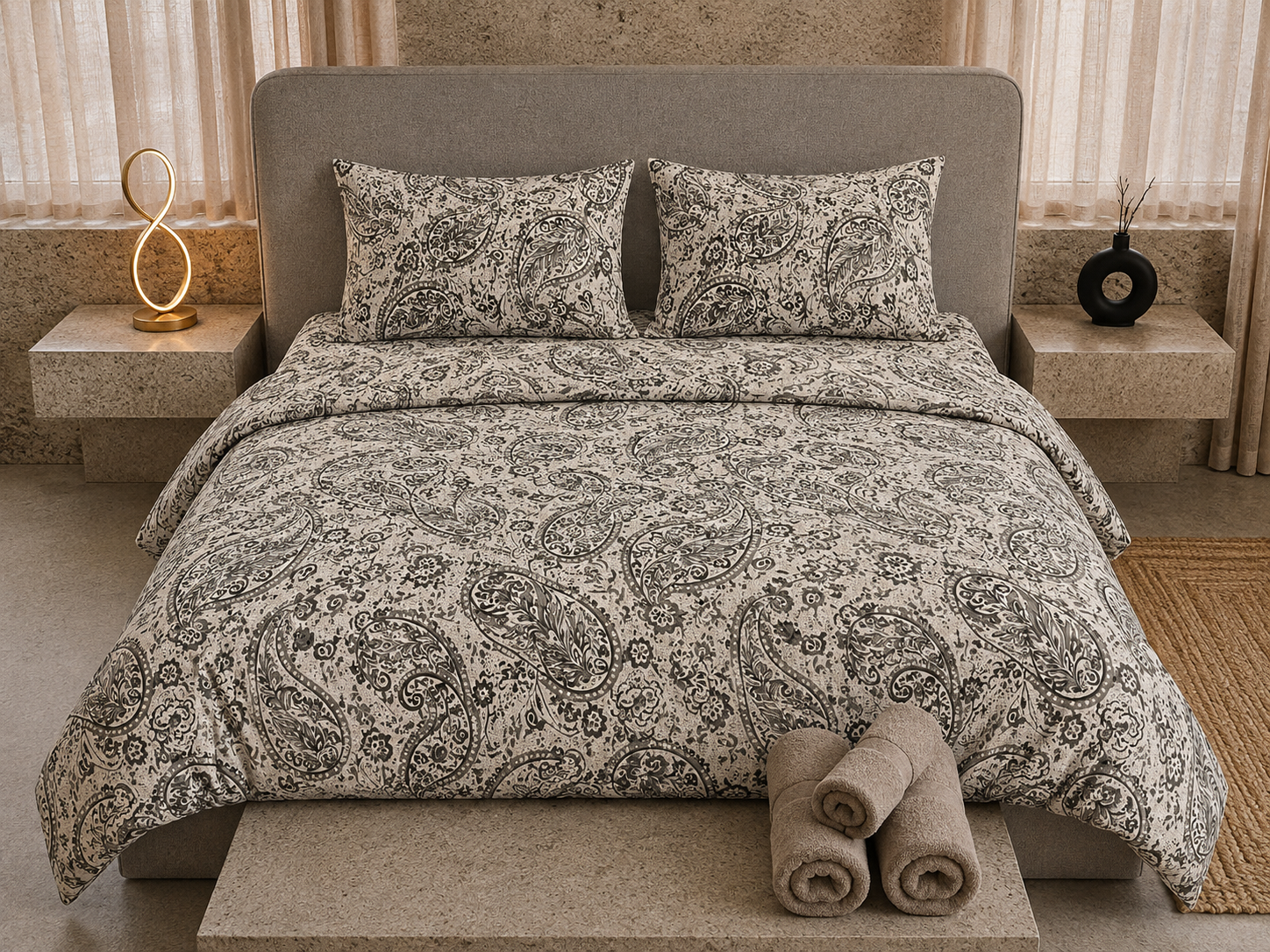 Fitted Pure Cotton Bedsheet Whitw Gray Boti
