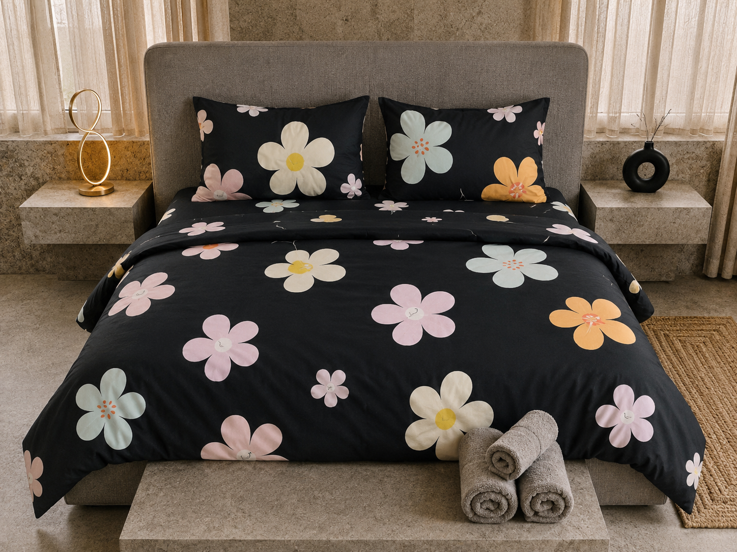 Fitted Pure Cotton Bedsheet Black Color Flower