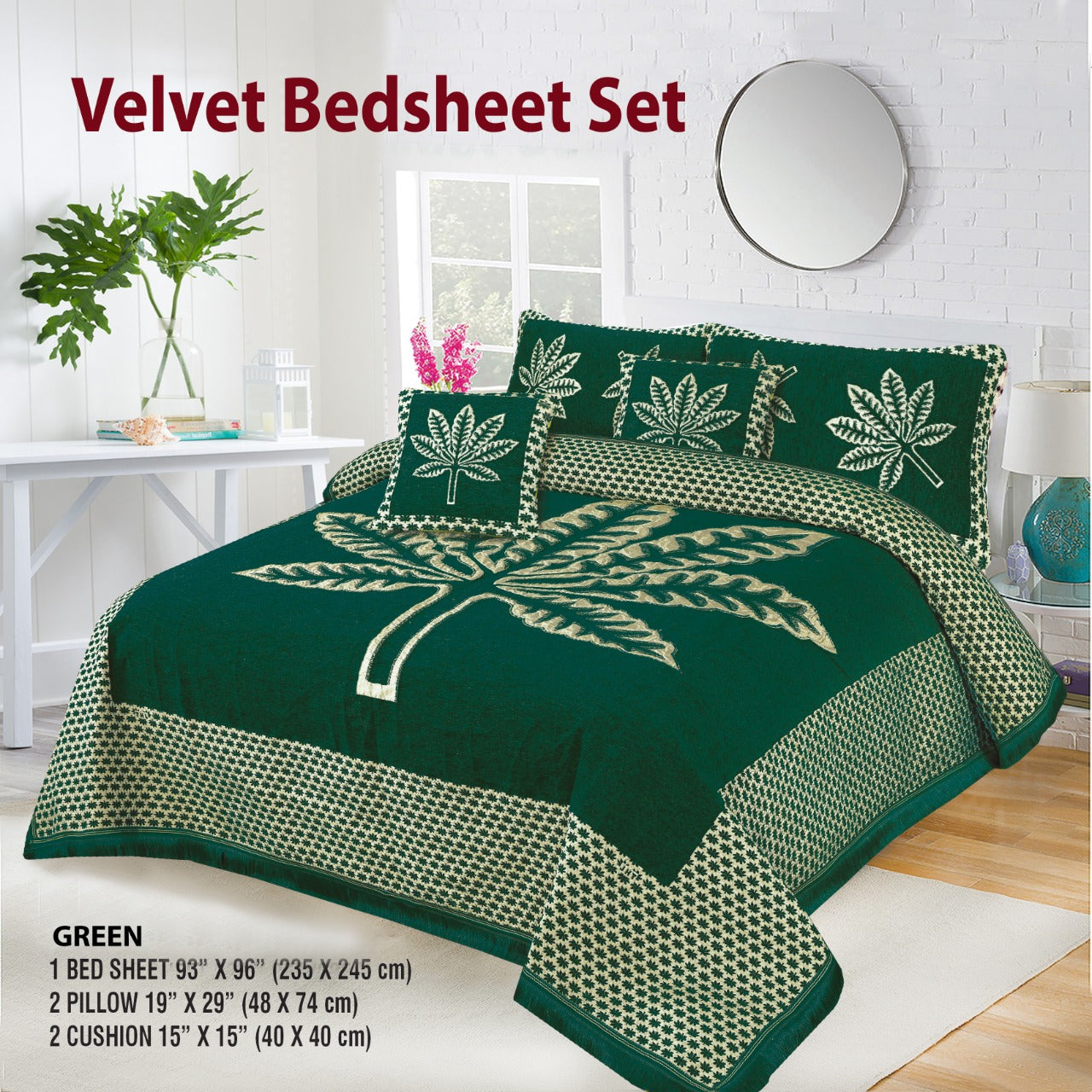 5 Piece leaf Style Velvet Jacaurd BedSheet Set