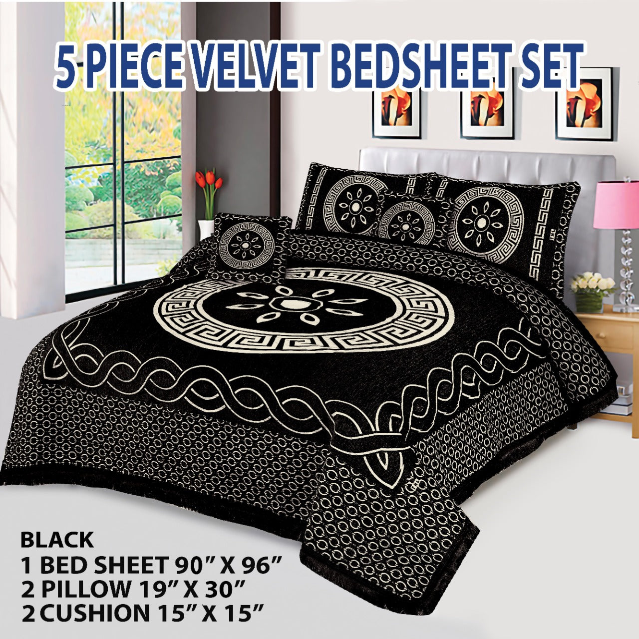 5 Piece orbit Style Velvet Jacaurd BedSheet Set
