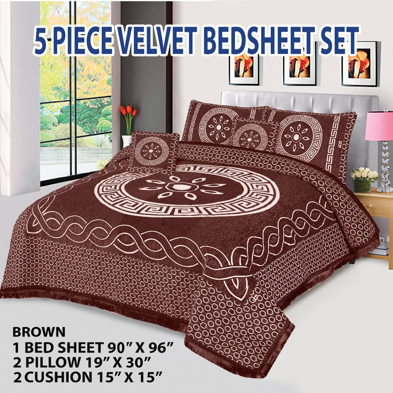 5 Piece orbit Style Velvet Jacaurd BedSheet Set