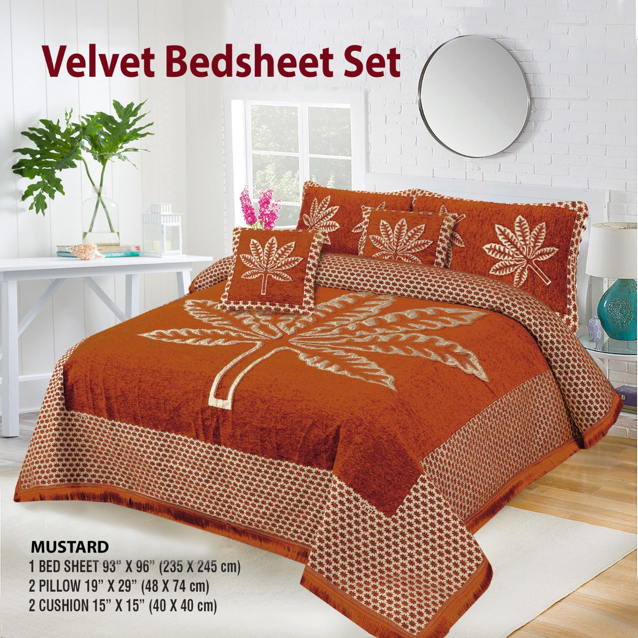 5 Piece leaf Style Velvet Jacaurd BedSheet Set