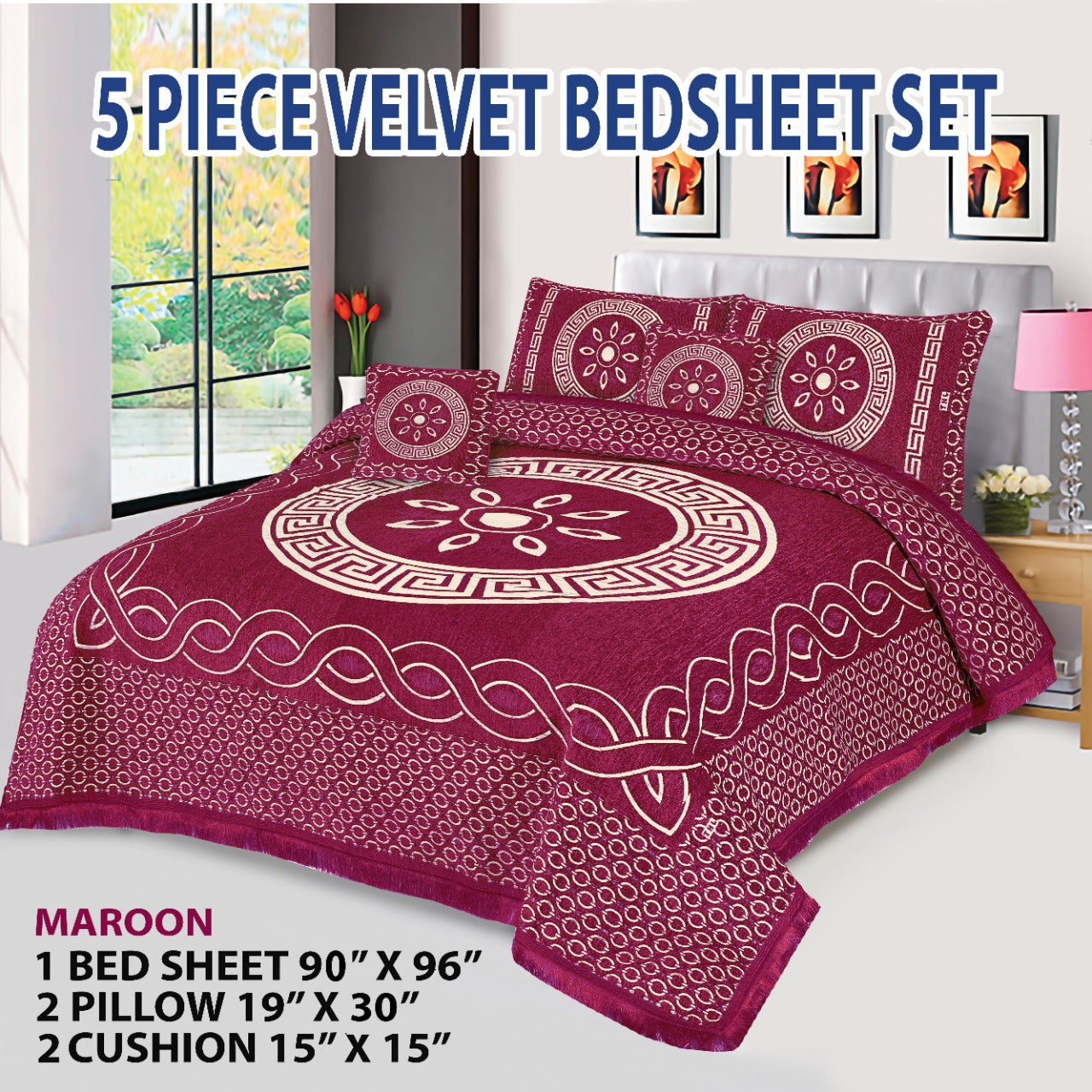 5 Piece orbit Style Velvet Jacaurd BedSheet Set