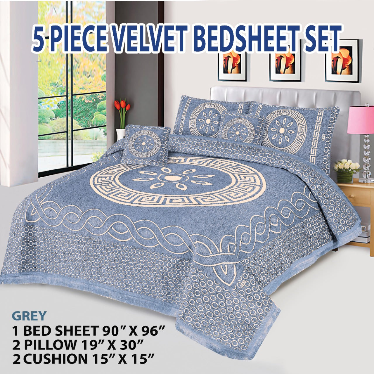 5 Piece orbit Style Velvet Jacaurd BedSheet Set