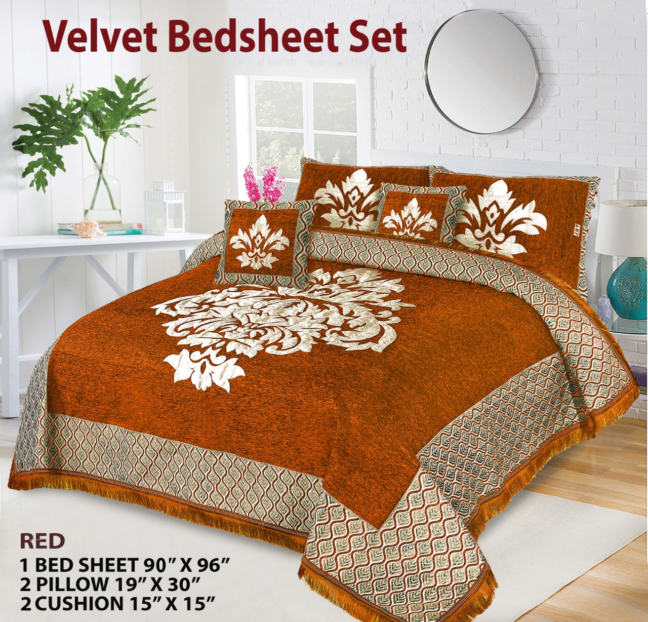 5 Piece Crown Style Velvet Jacaurd BedSheet Set