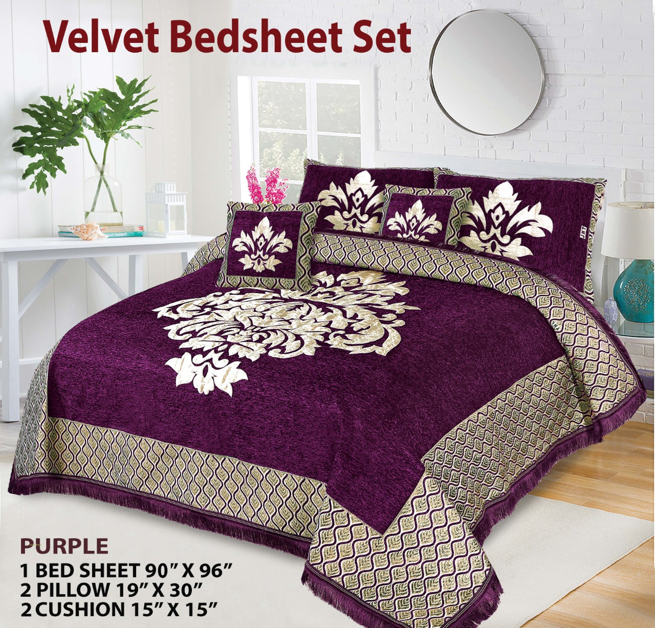 5 Piece Crown Style Velvet Jacaurd BedSheet Set