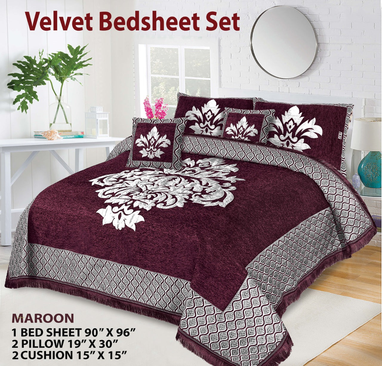 5 Piece Crown Style Velvet Jacaurd BedSheet Set