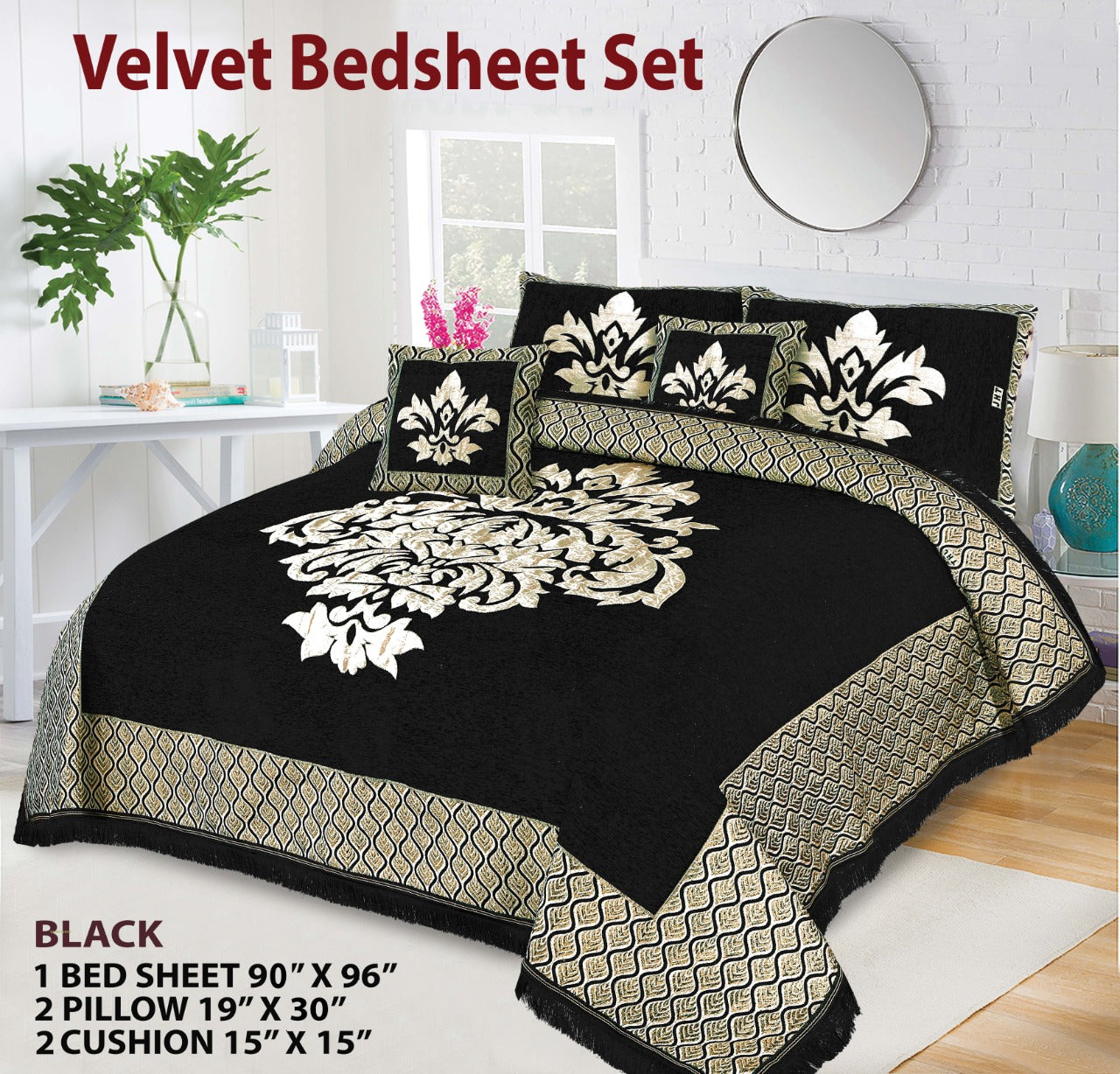 5 Piece Crown Style Velvet Jacaurd BedSheet Set