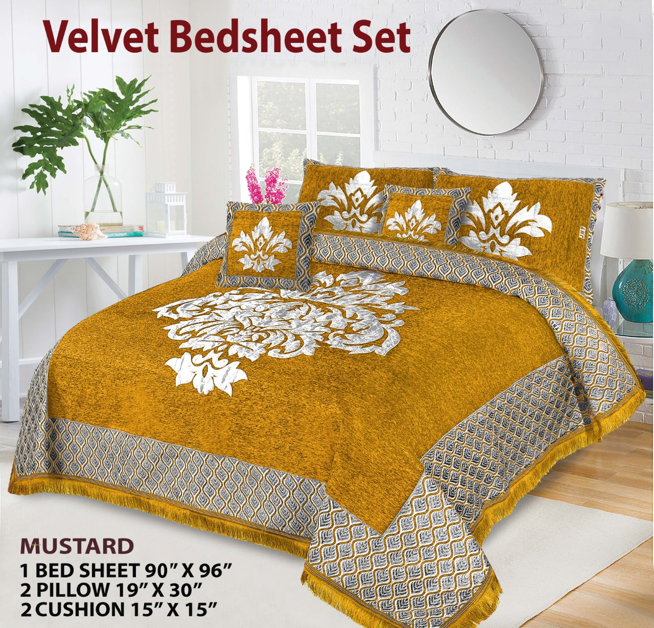 5 Piece Crown Style Velvet Jacaurd BedSheet Set