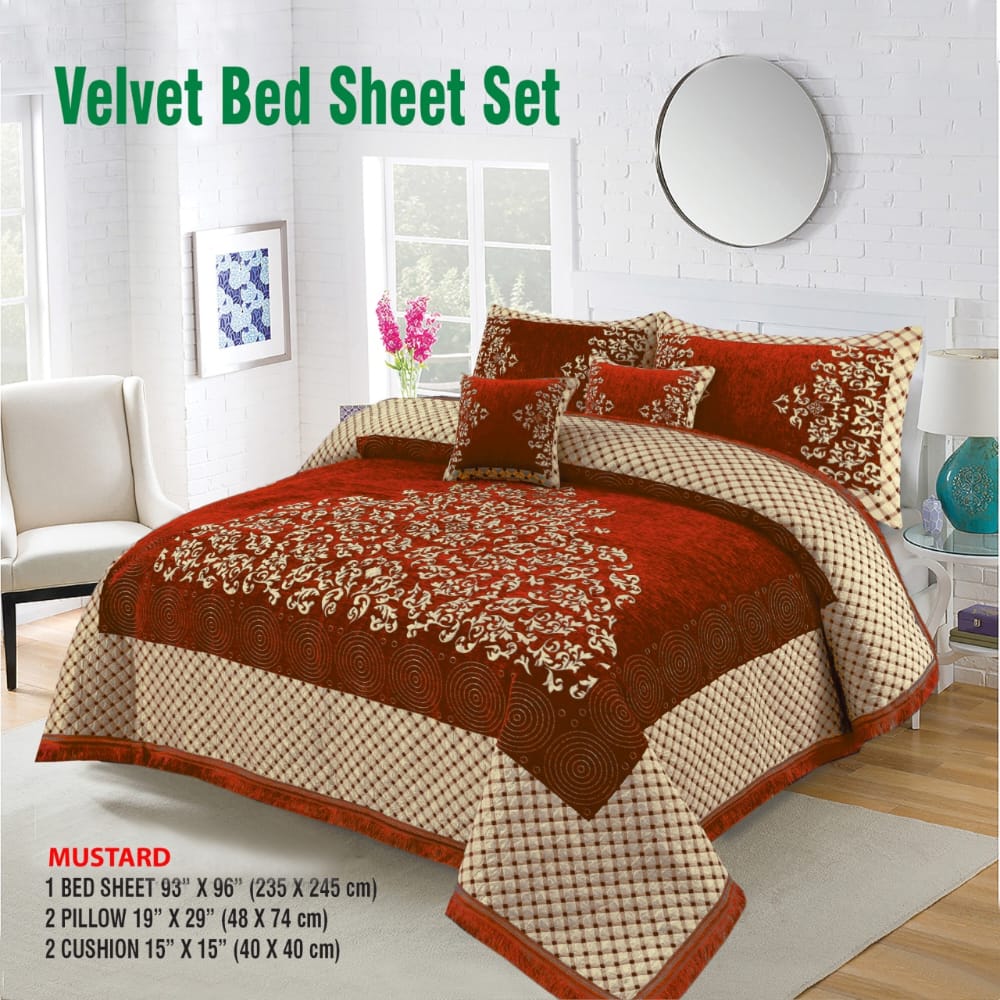 5️⃣ Piece turkish Style Velvet Jacaurd BedSheet Set