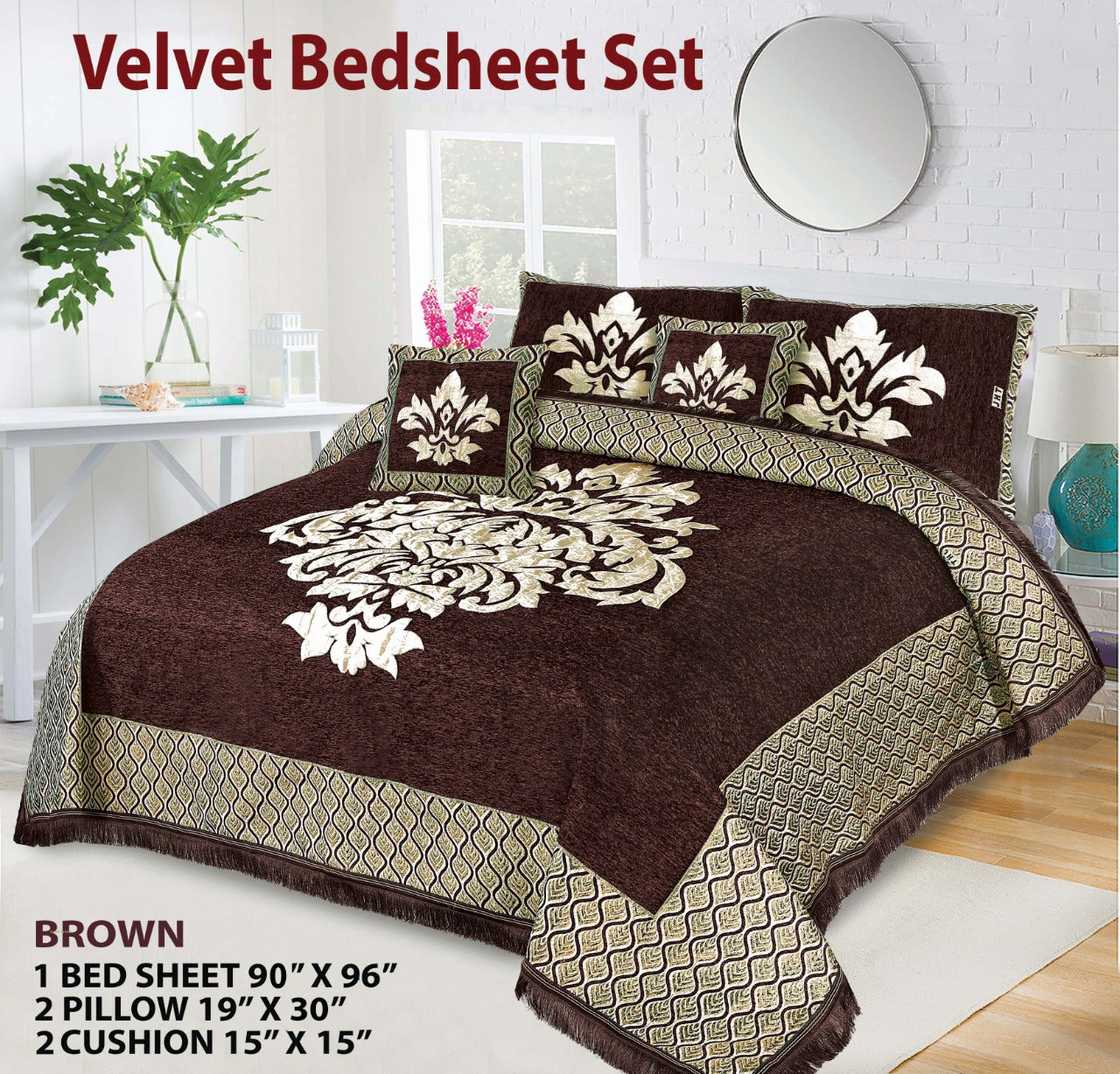 5 Piece Crown Style Velvet Jacaurd BedSheet Set